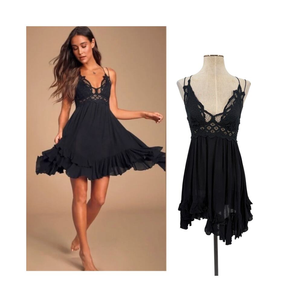 Free People FP One Adella Slip Dress Black Crochet Lace Boho Mini Dress Size S
